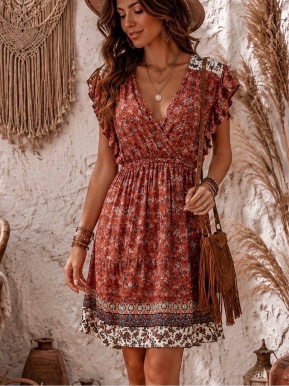 Angie a bohemian floral mini dress red paisley large